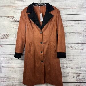 OYROSY Chic Women's size medium dressy Trench Coat with Black trim Details